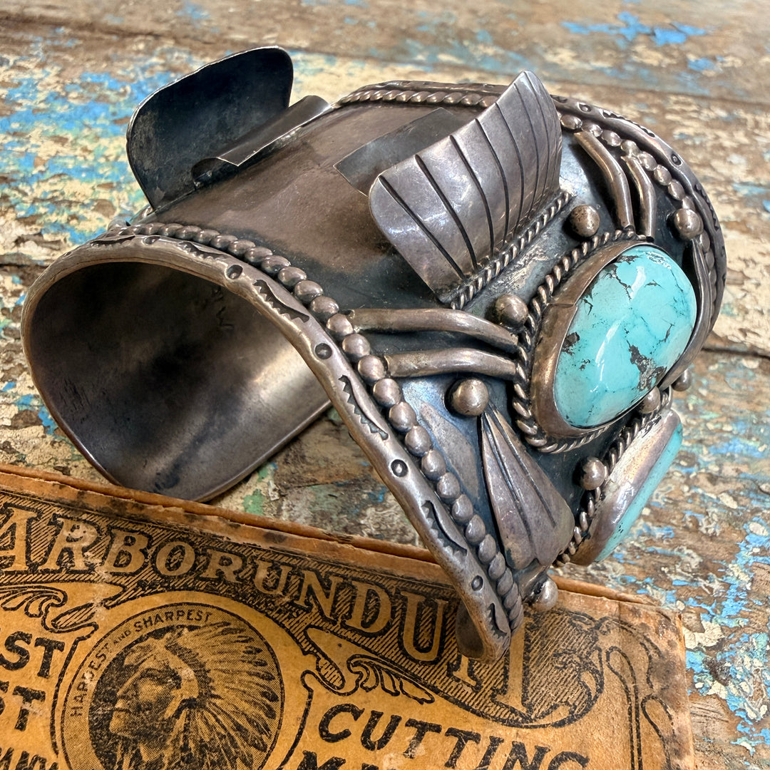 Vintage Navajo Sterling Silver Turquoise Watch Cuff Bracelet 1975 Signed