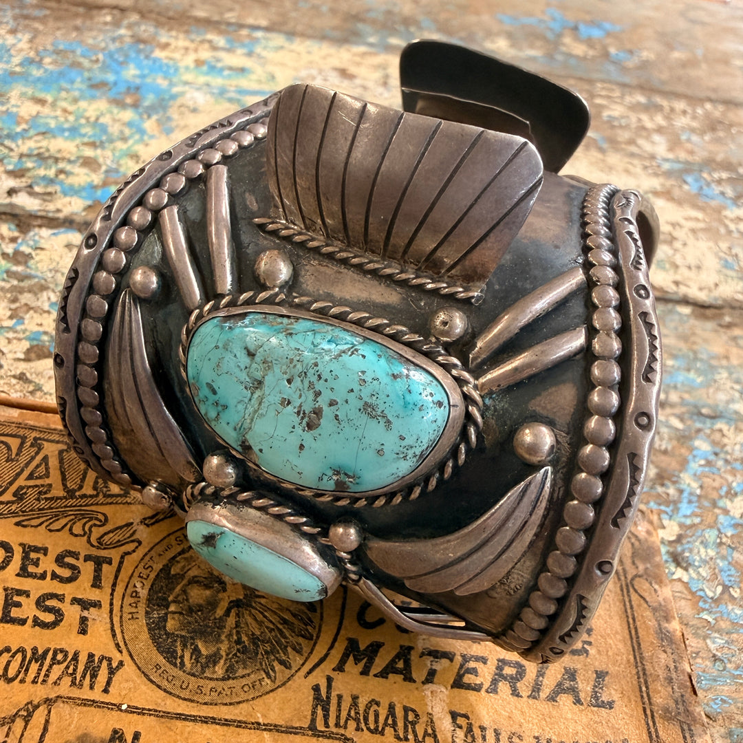 Vintage Navajo Sterling Silver Turquoise Watch Cuff Bracelet 1975 Signed
