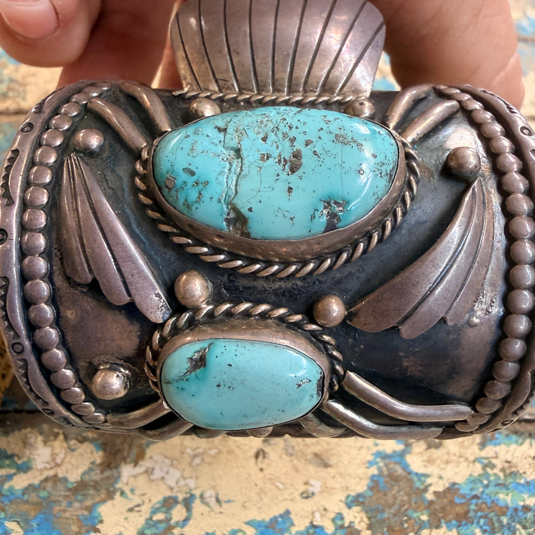 Vintage Navajo Sterling Silver Turquoise Watch Cuff Bracelet 1975 Signed