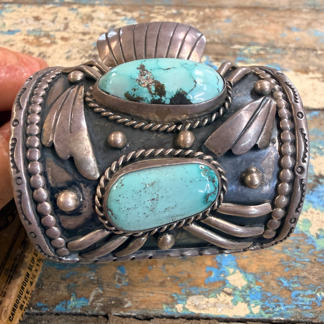 Vintage Navajo Sterling Silver Turquoise Watch Cuff Bracelet 1975 Signed