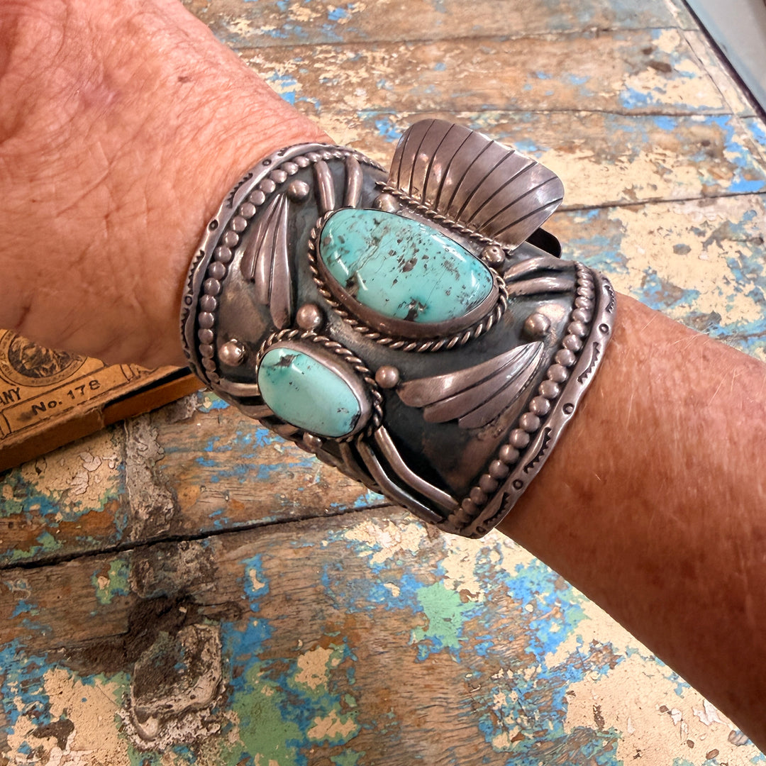 Vintage Navajo Sterling Silver Turquoise Watch Cuff Bracelet 1975 Signed