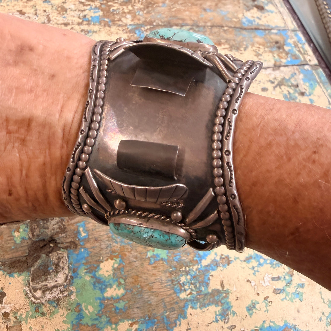 Vintage Navajo Sterling Silver Turquoise Watch Cuff Bracelet 1975 Signed