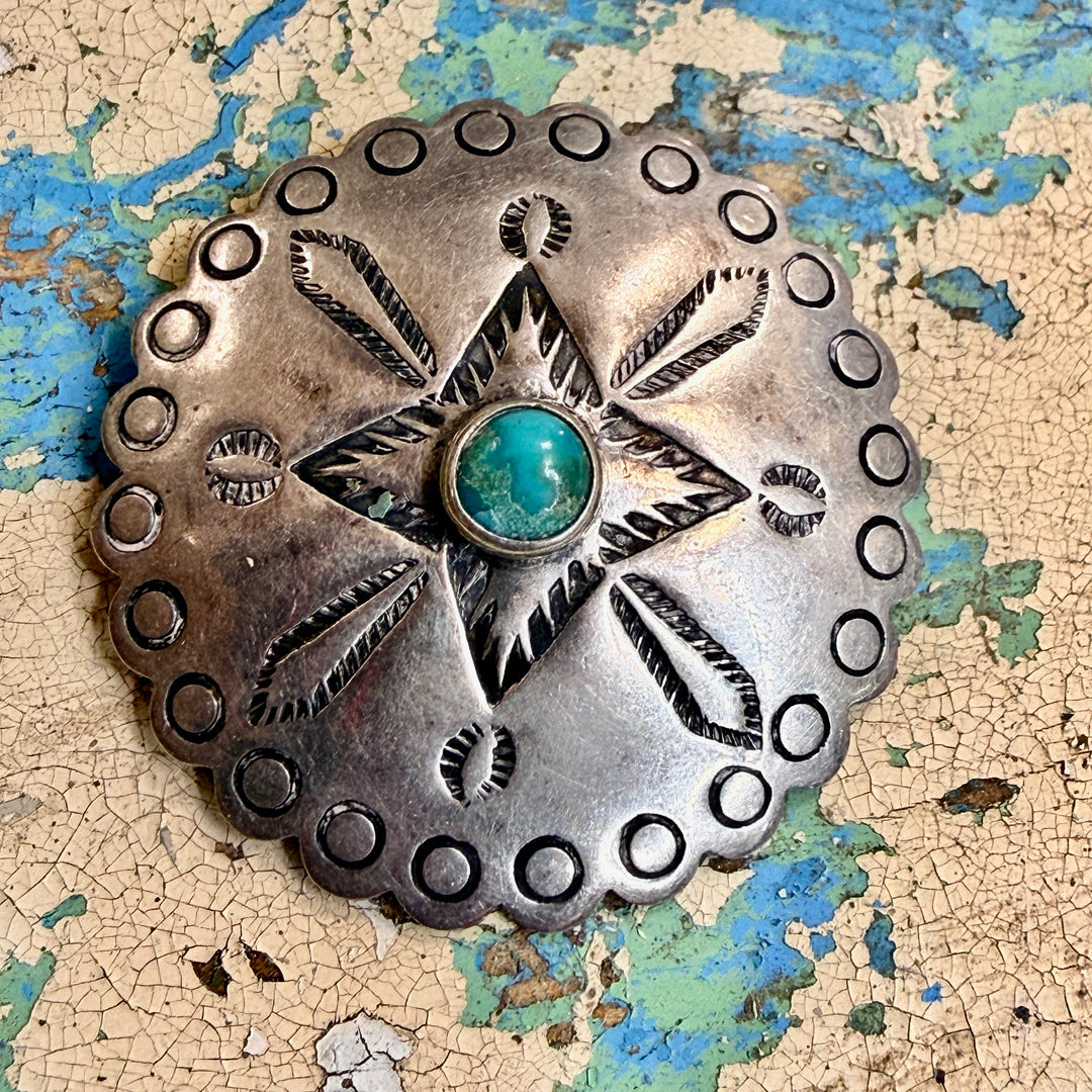 Vintage Southwestern Sterling Silver & Turquoise Concho Button Bell Trading Post