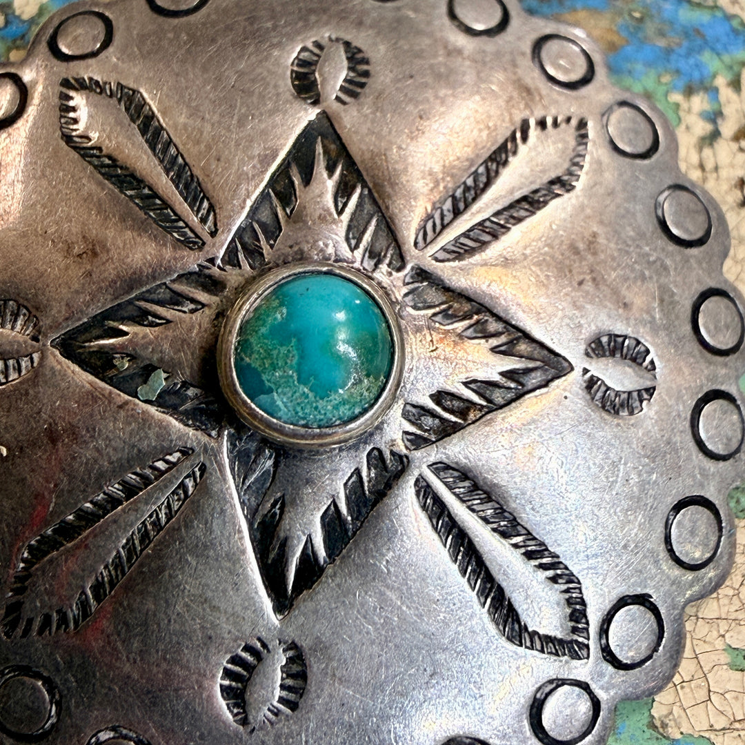 Vintage Southwestern Sterling Silver & Turquoise Concho Button Bell Trading Post