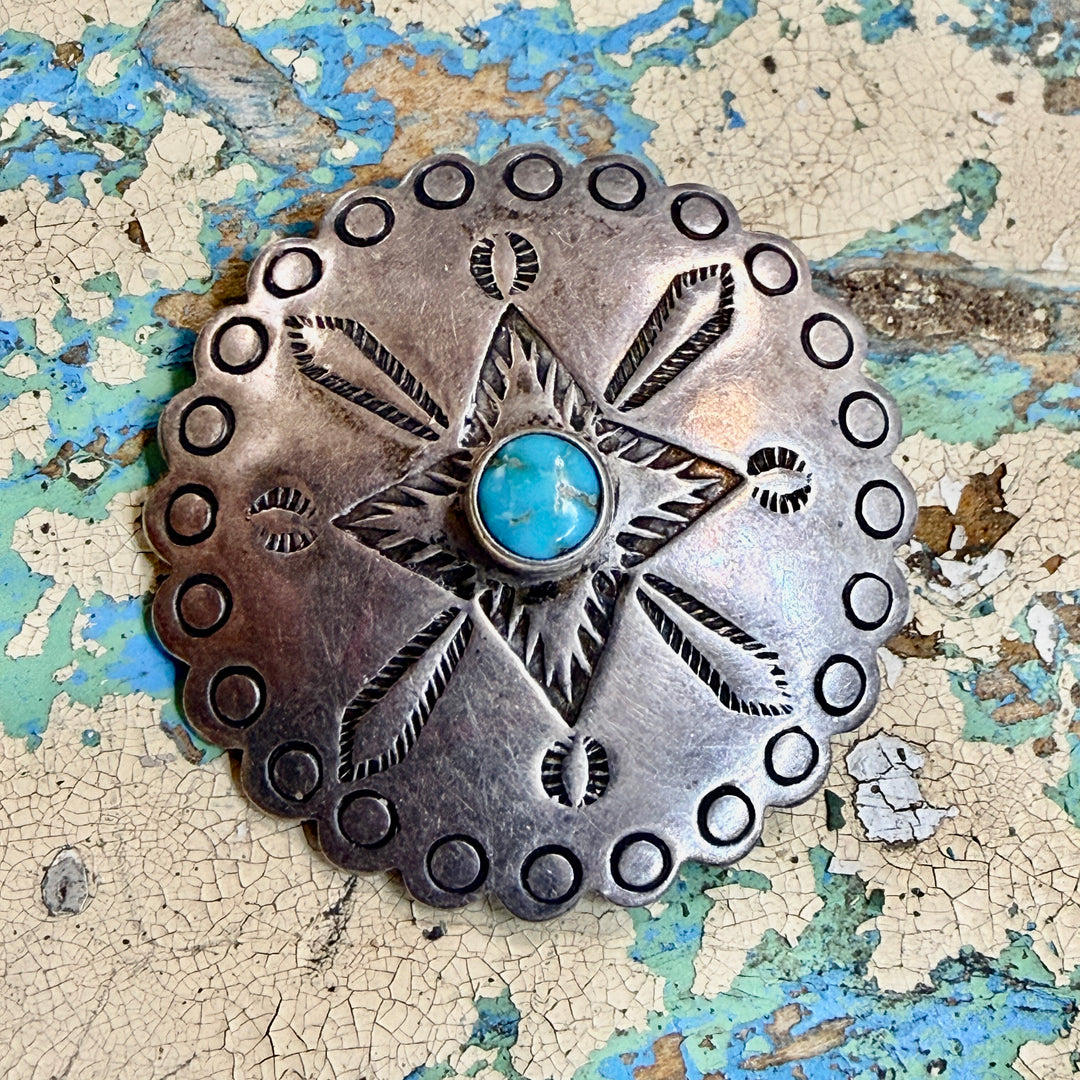 Vintage Southwestern Sterling Silver & Turquoise Concho Button Bell Trading Post