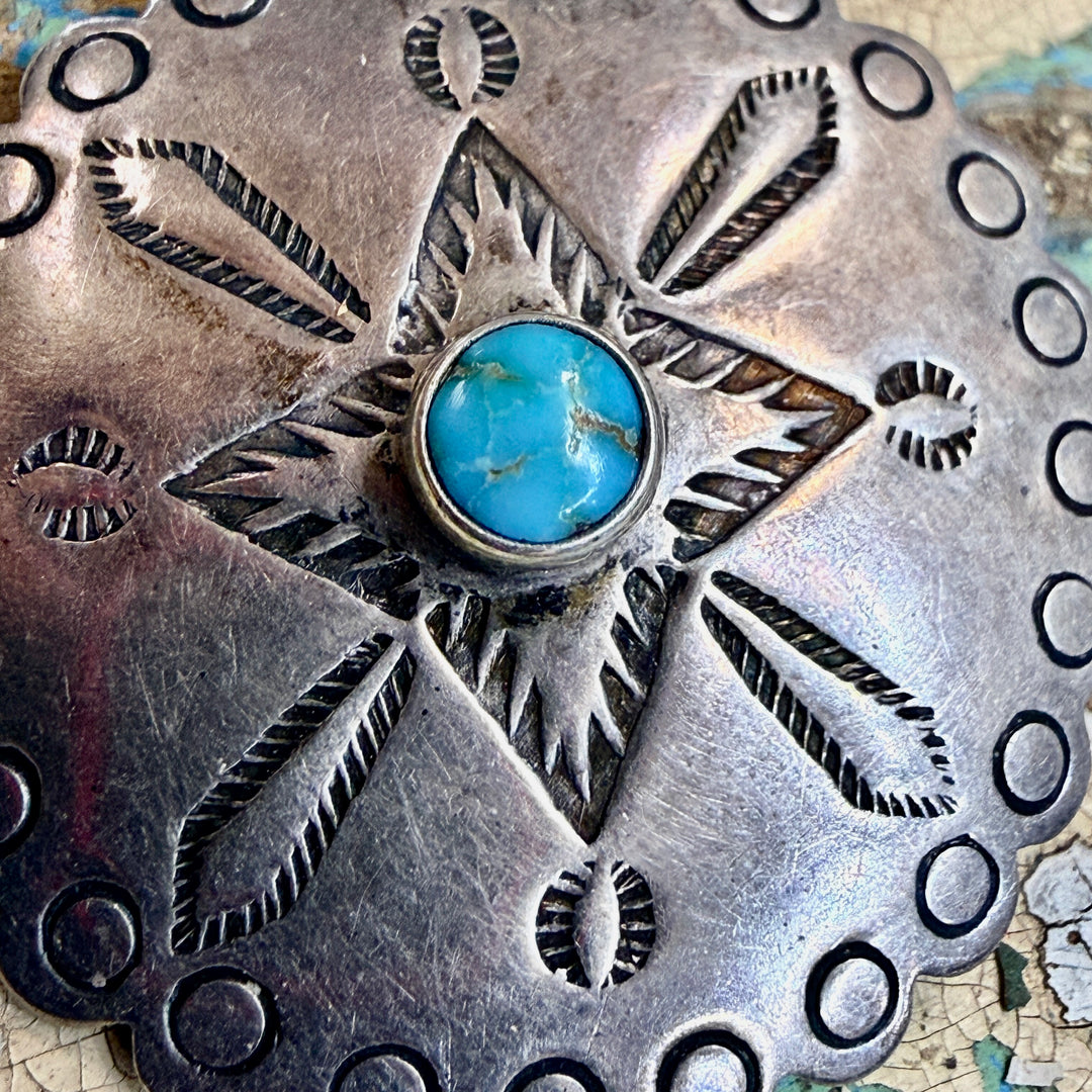 Vintage Southwestern Sterling Silver & Turquoise Concho Button Bell Trading Post