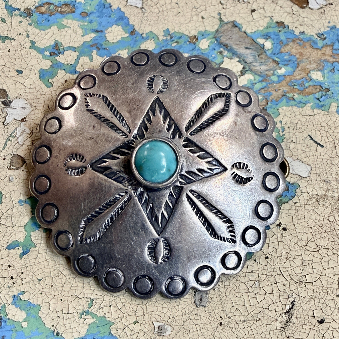 Vintage Southwestern Sterling Silver & Turquoise Concho Button Bell Trading Post