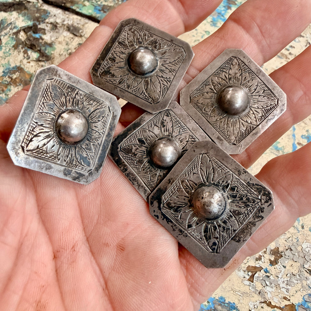 Set of 5 Hand Etched Sterling Silver Clothing Buttons
