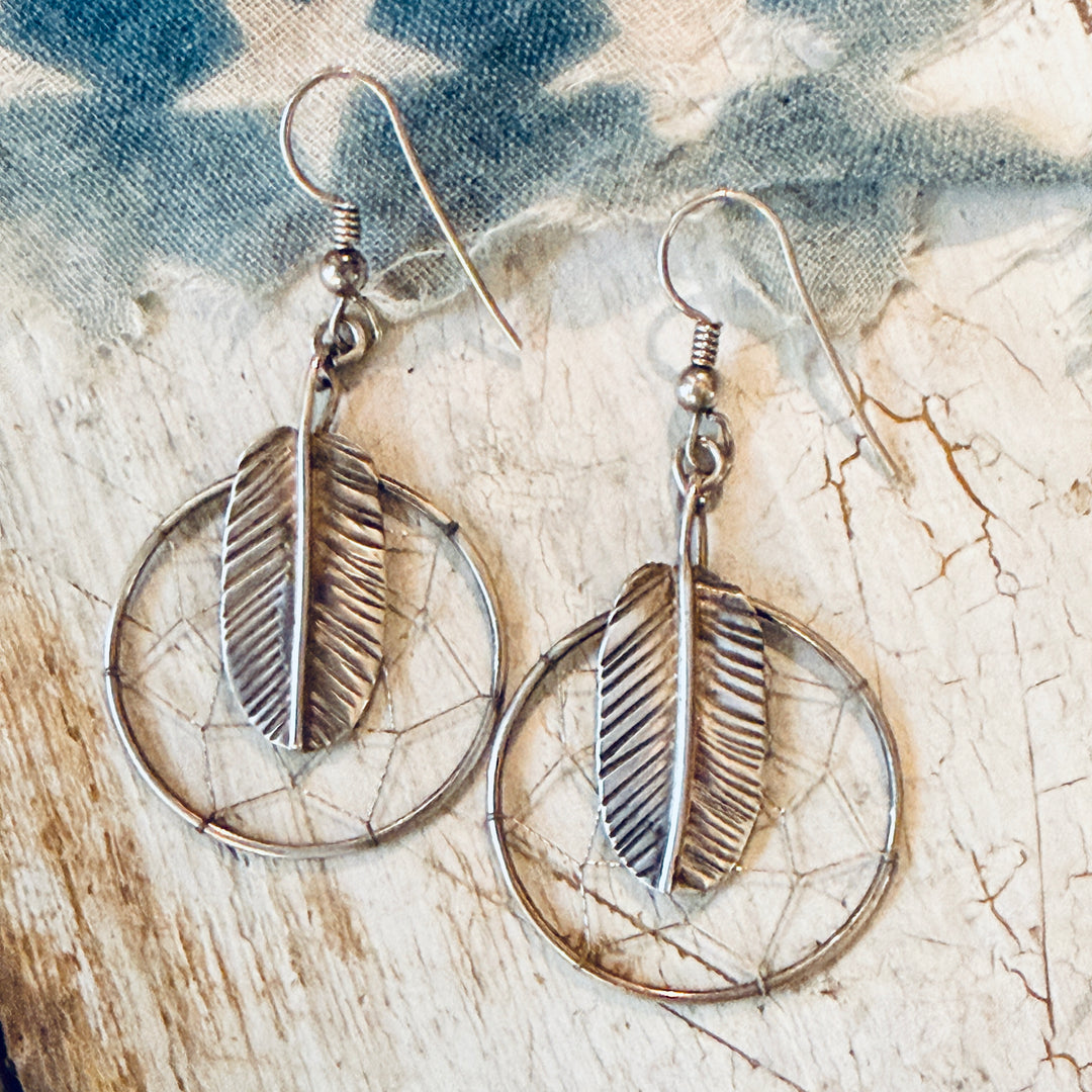 Vintage Sterling Silver Feather Dreamcatcher Earrings Alex Peshlakai