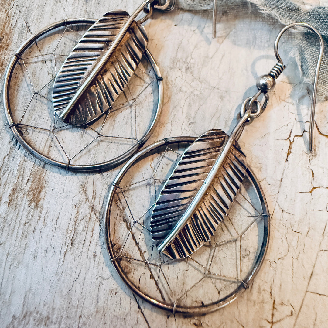 Vintage Sterling Silver Feather Dreamcatcher Earrings Alex Peshlakai