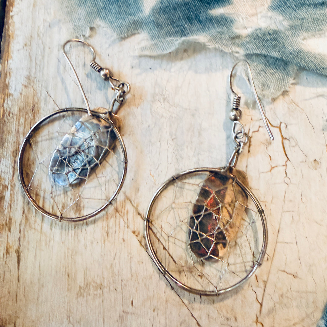 Vintage Sterling Silver Feather Dreamcatcher Earrings Alex Peshlakai