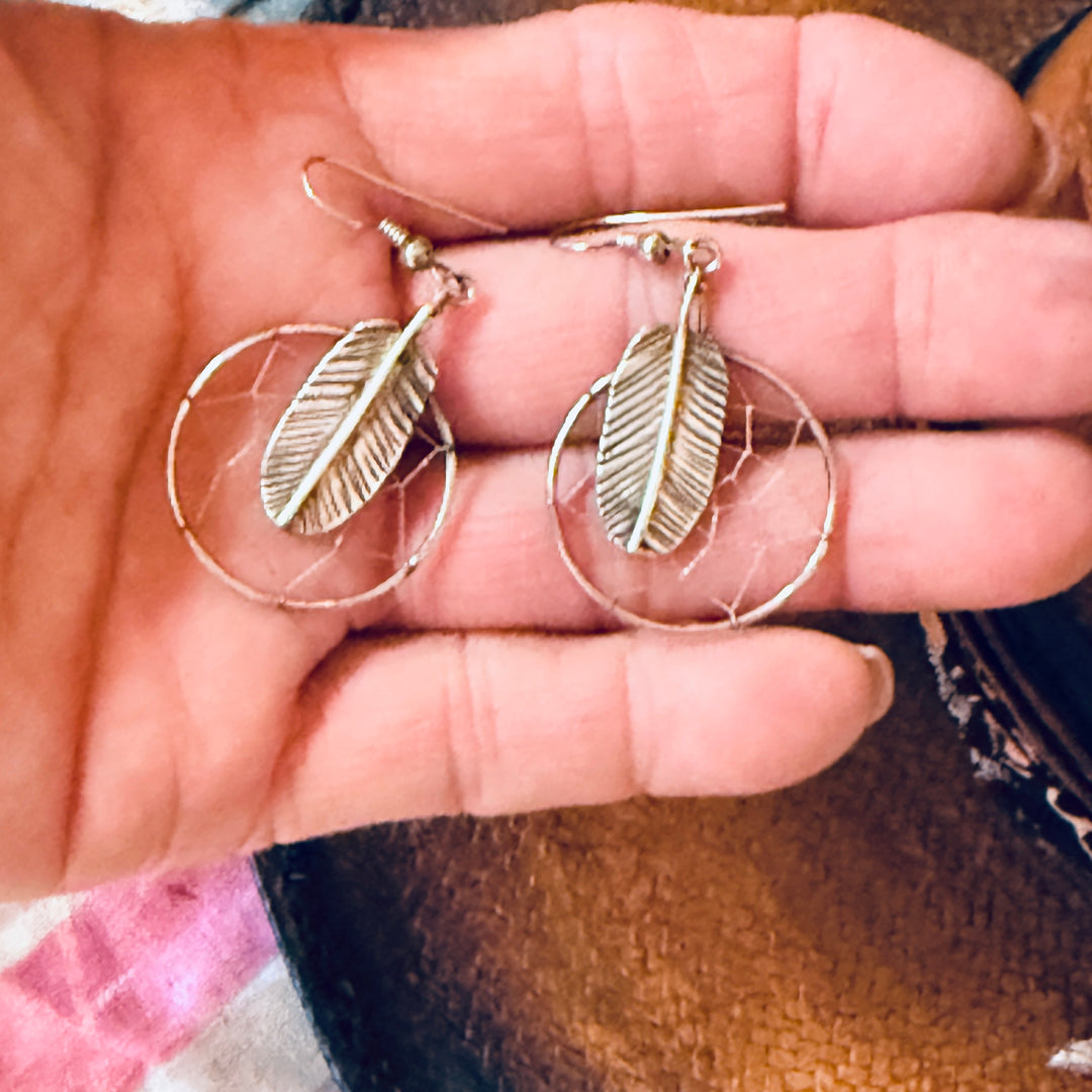 Vintage Sterling Silver Feather Dreamcatcher Earrings Alex Peshlakai