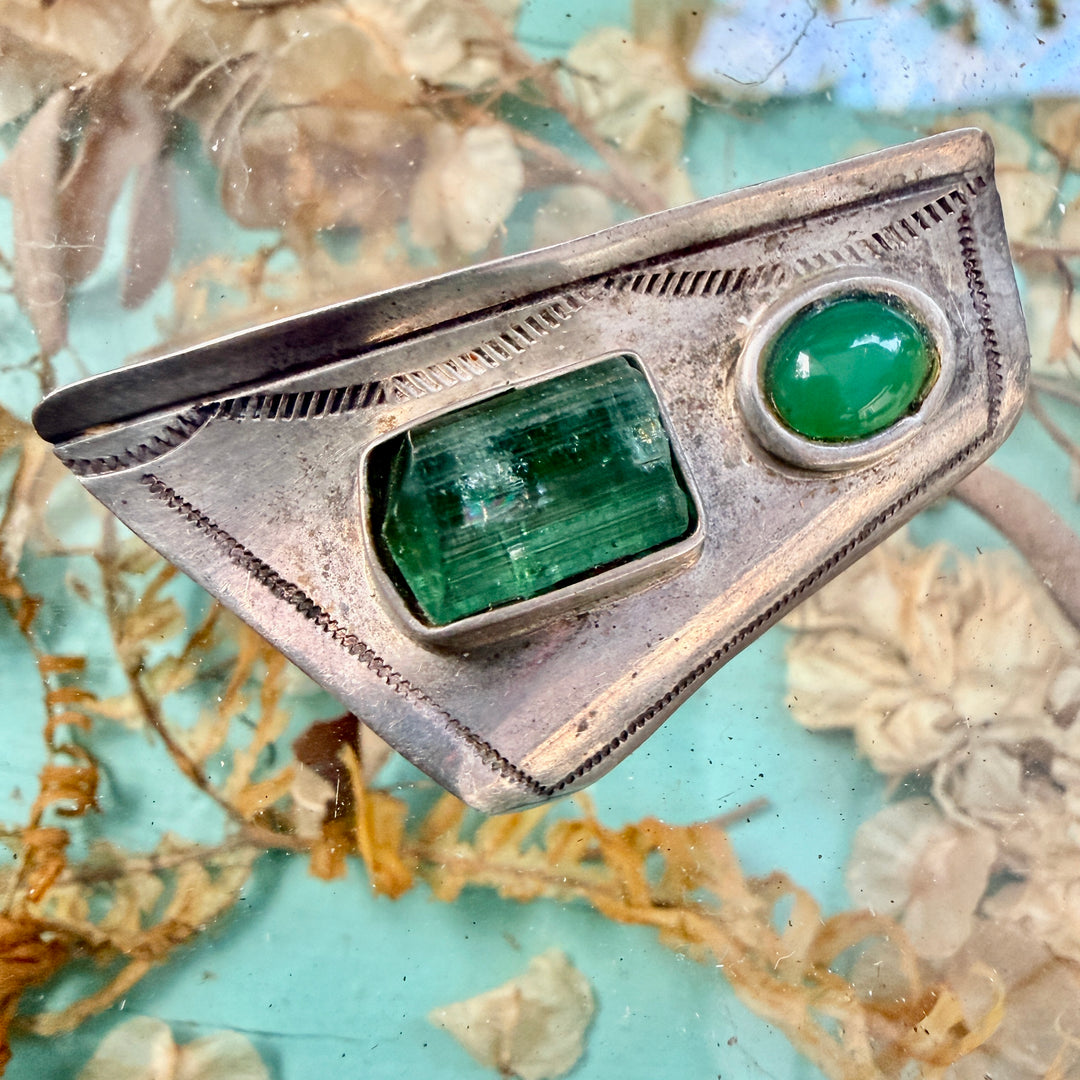 Navajo Sterling Silver Pin Stamped Tourmaline & Chrysoprase