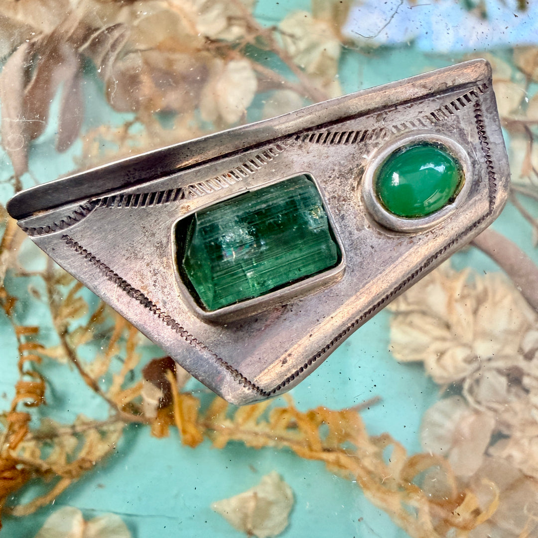 Navajo Sterling Silver Pin Stamped Tourmaline & Chrysoprase
