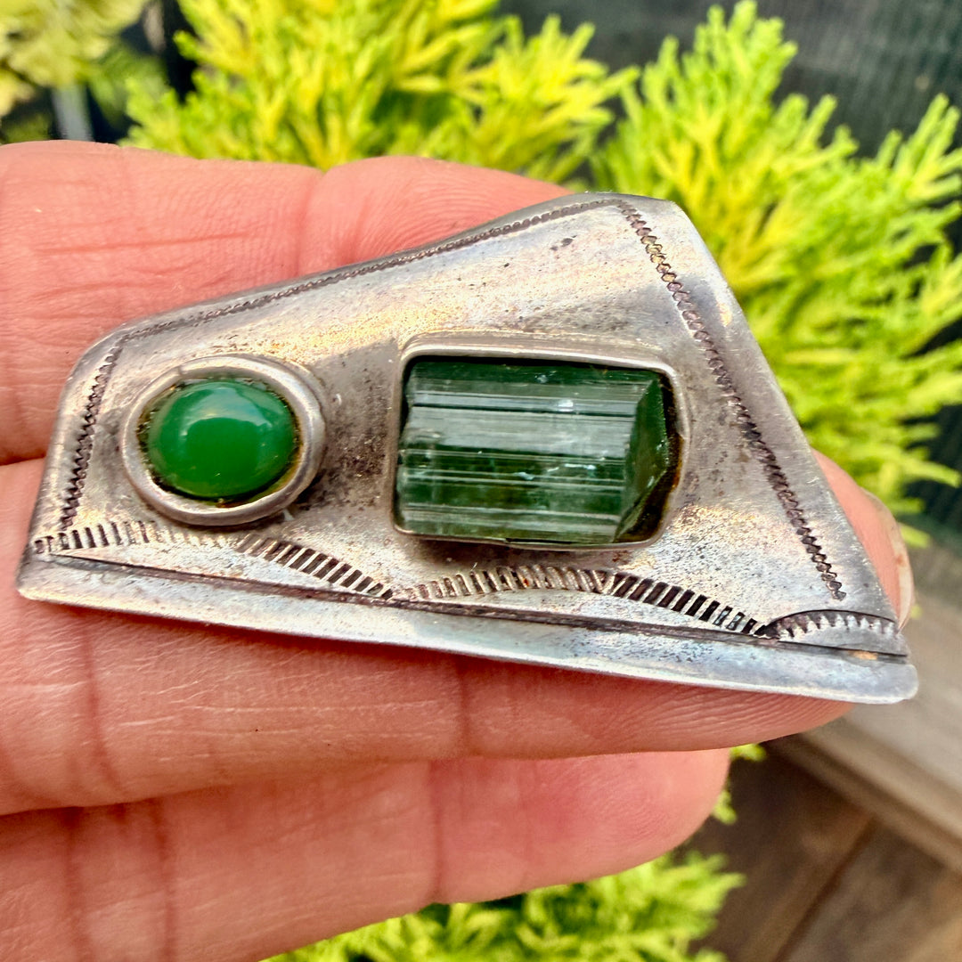 Navajo Sterling Silver Pin Stamped Tourmaline & Chrysoprase