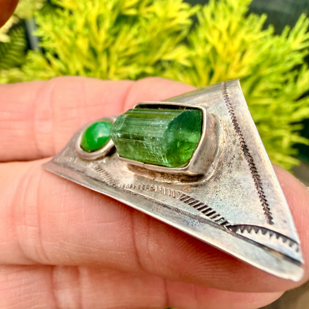 Navajo Sterling Silver Pin Stamped Tourmaline & Chrysoprase