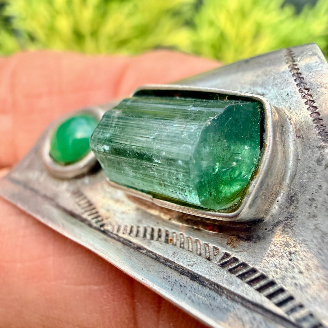 Navajo Sterling Silver Pin Stamped Tourmaline & Chrysoprase