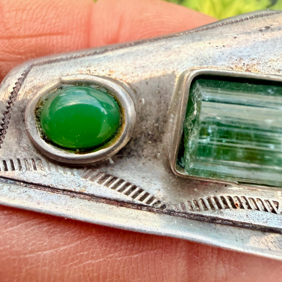 Navajo Sterling Silver Pin Stamped Tourmaline & Chrysoprase