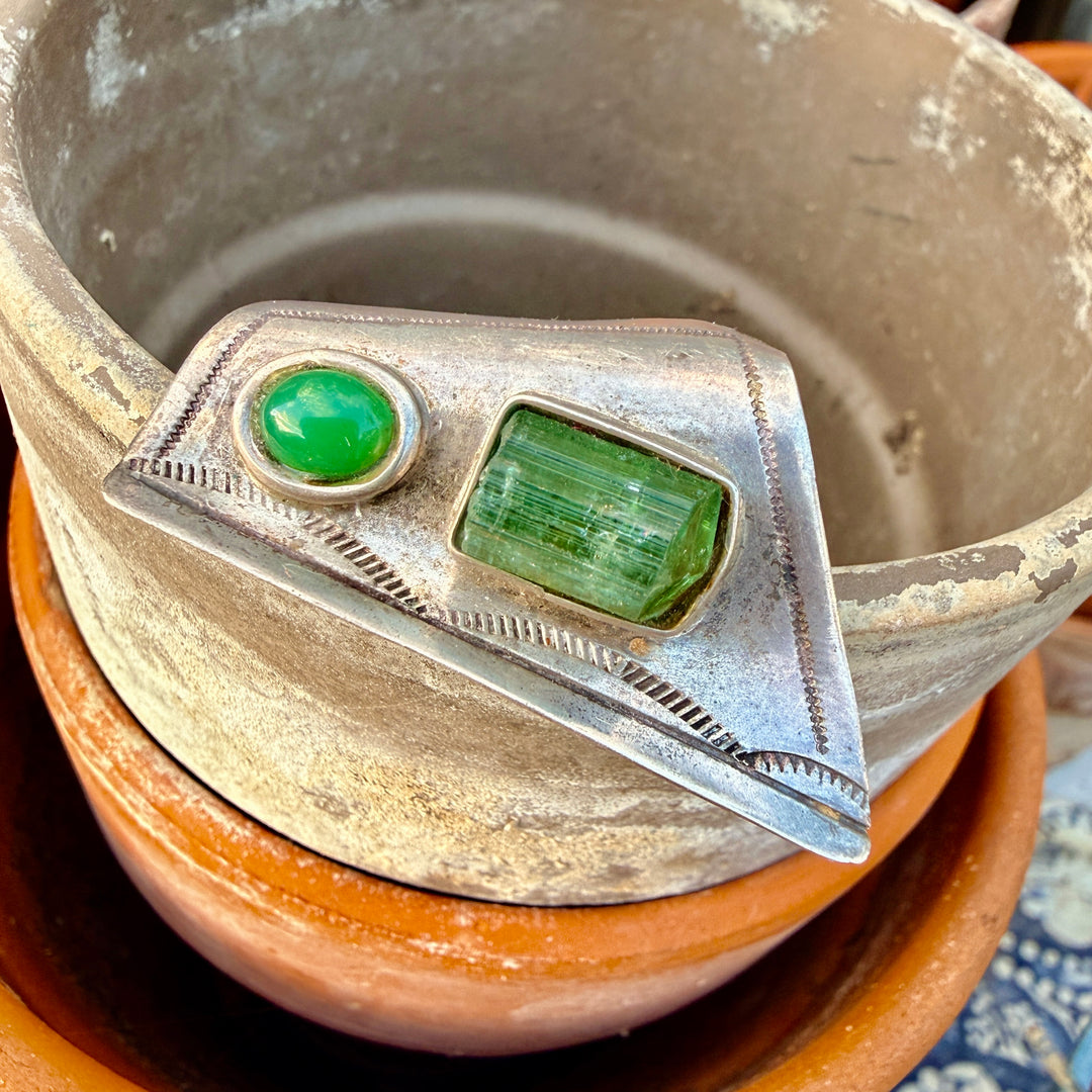 Navajo Sterling Silver Pin Stamped Tourmaline & Chrysoprase