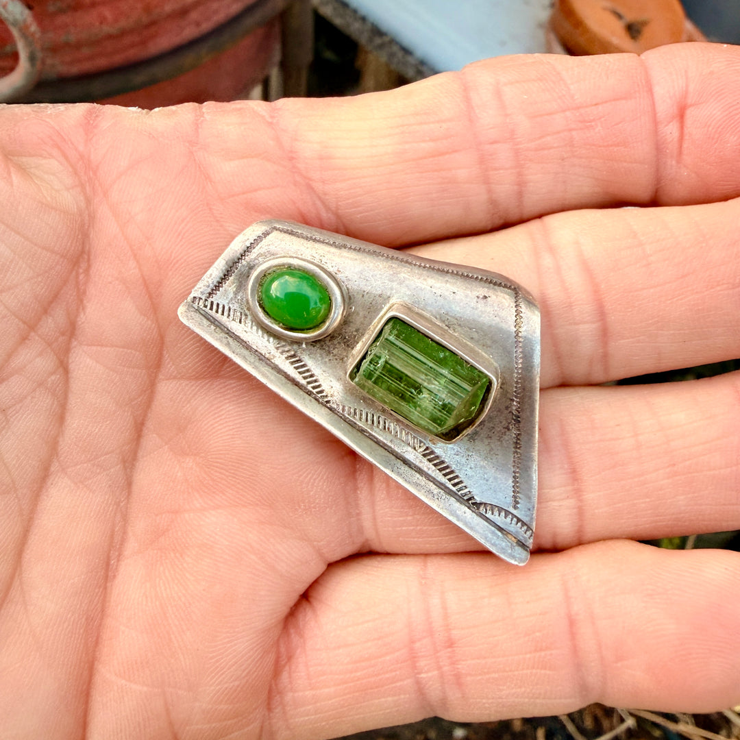 Navajo Sterling Silver Pin Stamped Tourmaline & Chrysoprase