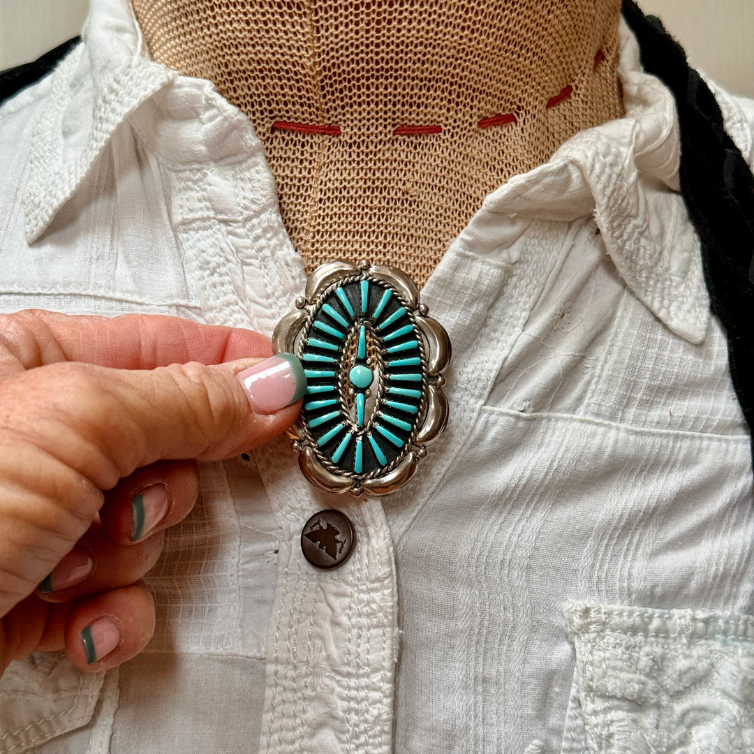 Vintage Zuni Sterling Silver Needlepoint Turquoise Pendant / Pin