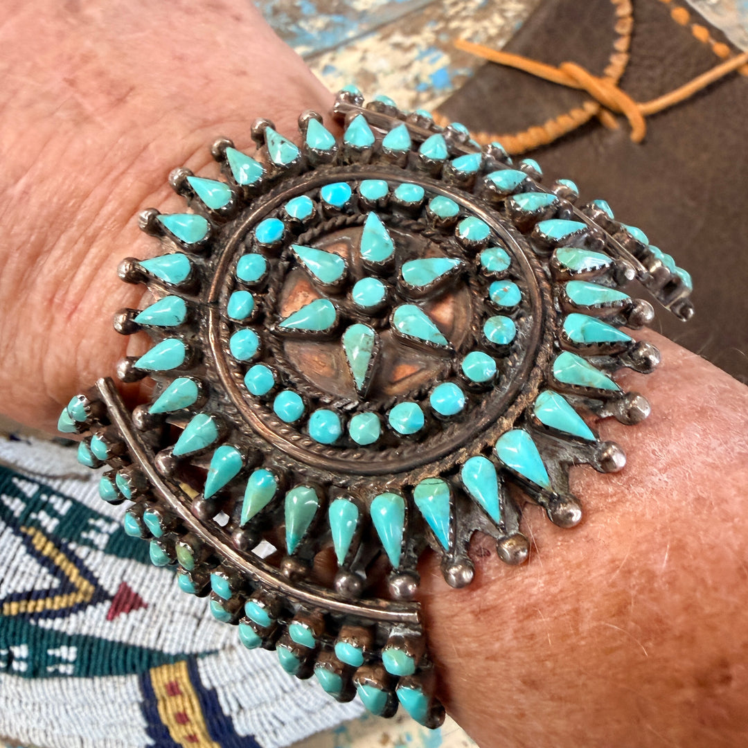 Vintage Zuni Sterling Silver & Turquoise Cuff Cluster Bracelet