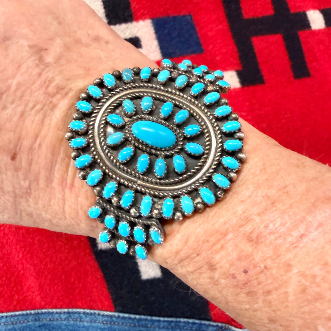 Vintage Zuni Sterling Silver & Turquoise Cuff Cluster Bracelet