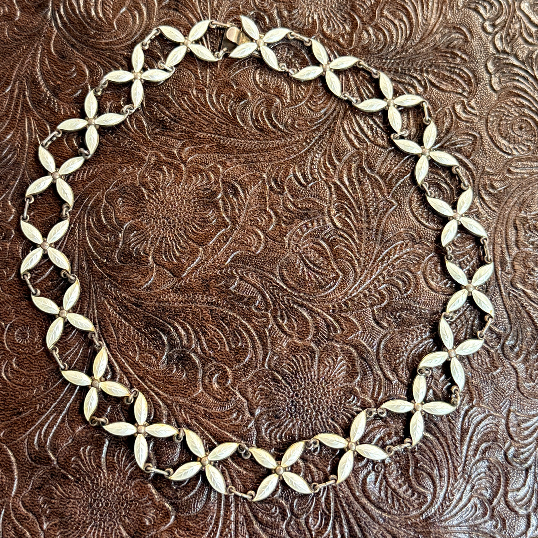 Vintage 925S Sterling Silver White Guilloche Enamel Leaf Necklace JB