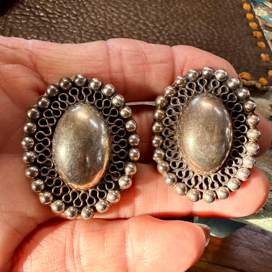 Large Sterling Silver Clip On Orb Earrings Taxco, Mexico