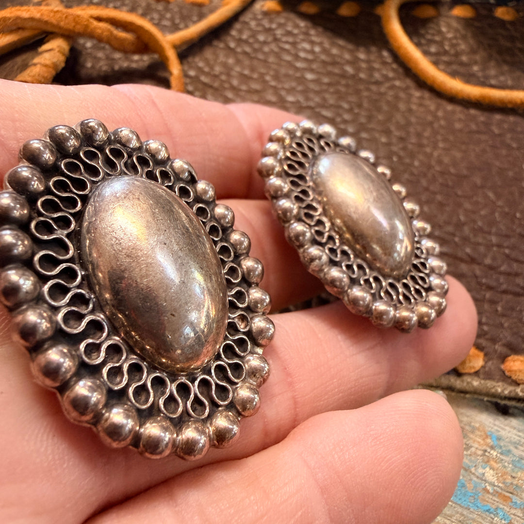Large Sterling Silver Clip On Orb Earrings Taxco, Mexico