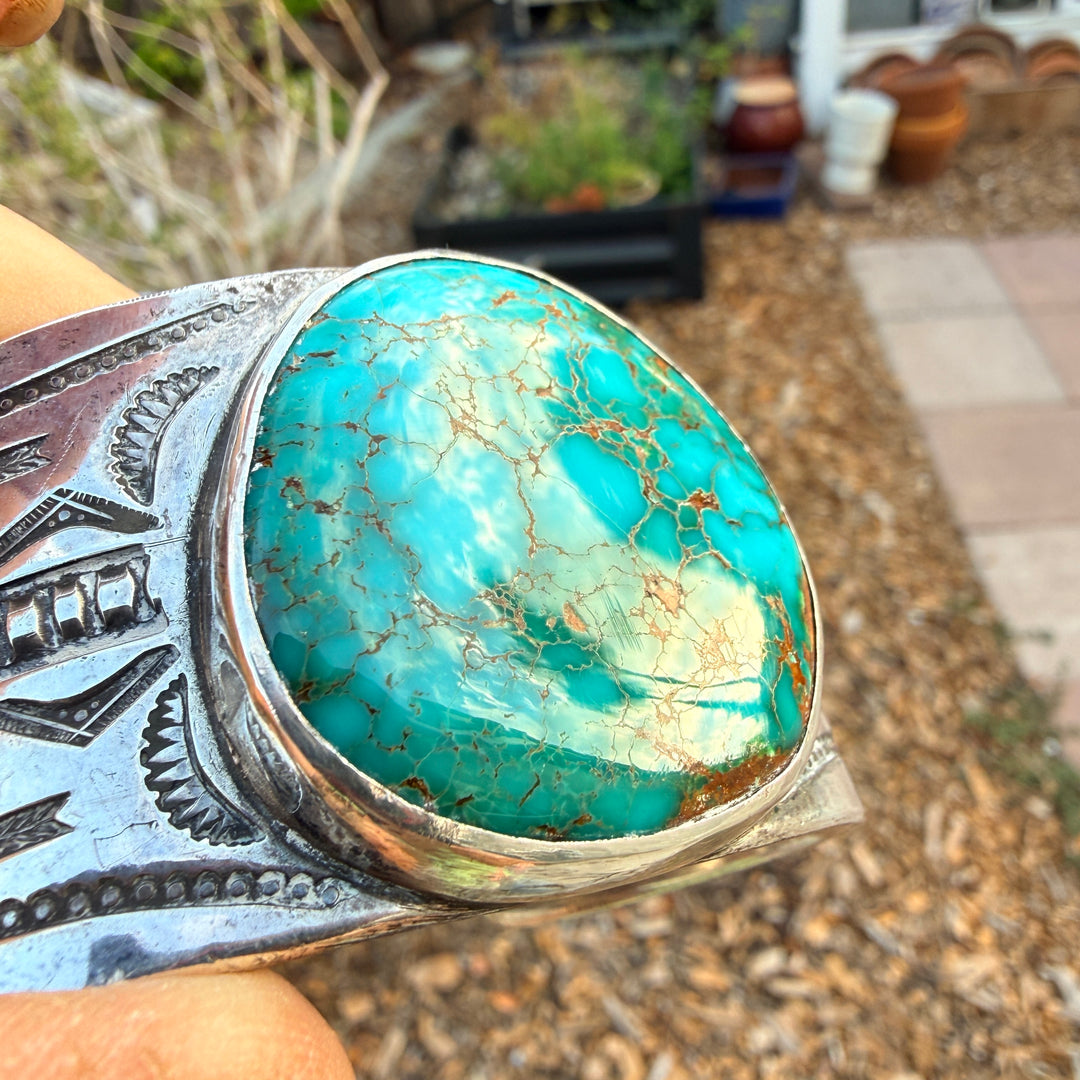 Vintage Mark Chee Sterling Silver Spider Web Turquoise Cuff Bracelet