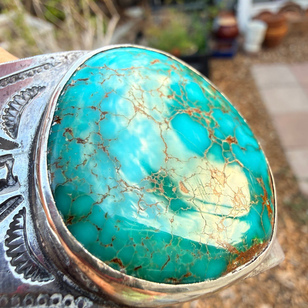 Vintage Mark Chee Sterling Silver Spider Web Turquoise Cuff Bracelet