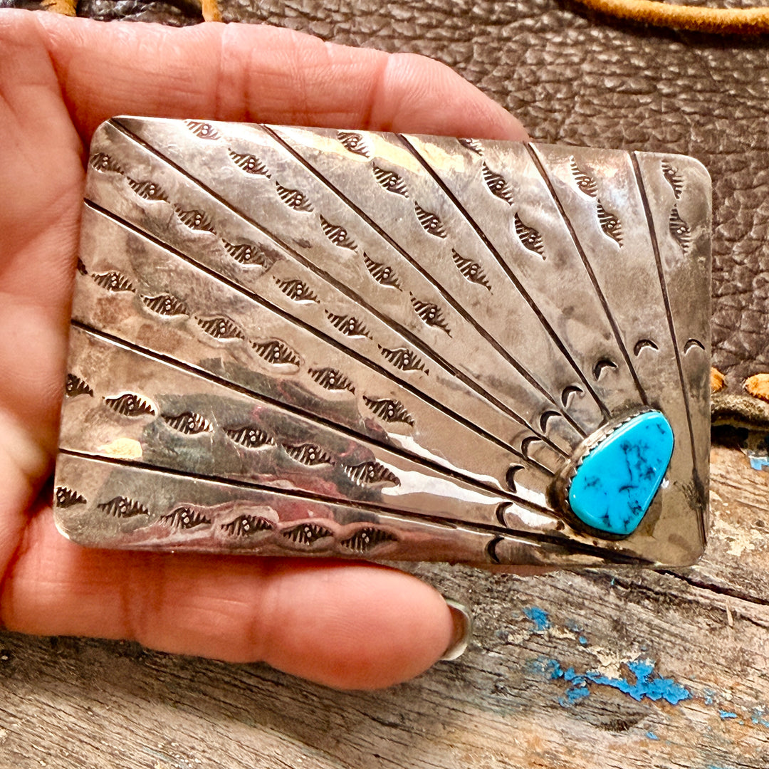 Vintage Sterling Silver & Turquoise Belt Buckle Navajo