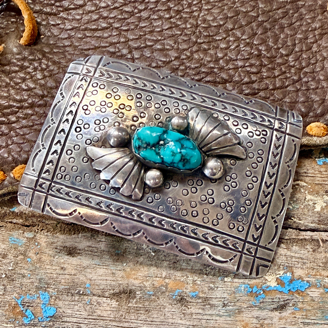 Vintage Sterling Silver & Turquoise Belt Buckle Navajo