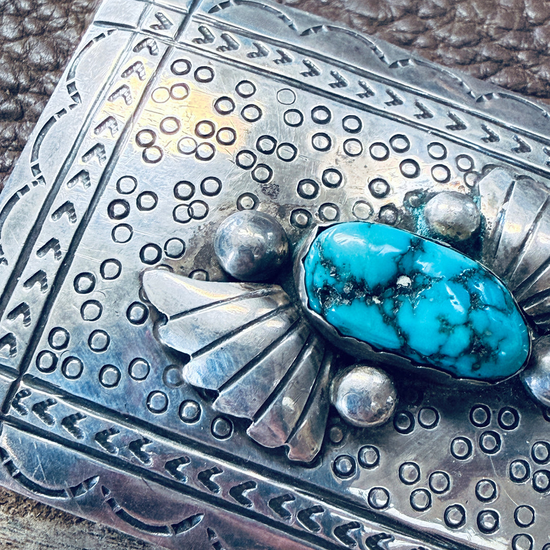 Vintage Sterling Silver & Turquoise Belt Buckle Navajo
