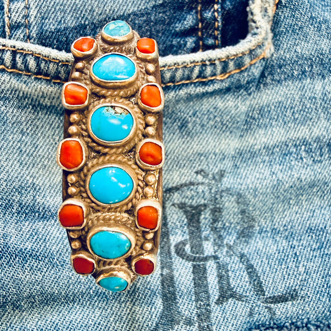 Navajo Sterling Silver Turquoise & Coral Cuff Bracelet