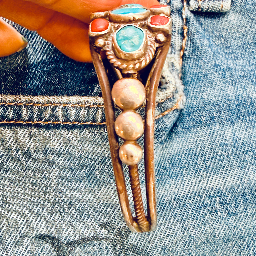 Navajo Sterling Silver Turquoise & Coral Cuff Bracelet