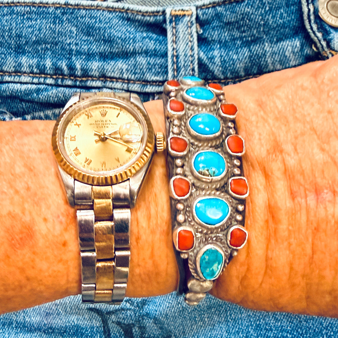 Navajo Sterling Silver Turquoise & Coral Cuff Bracelet