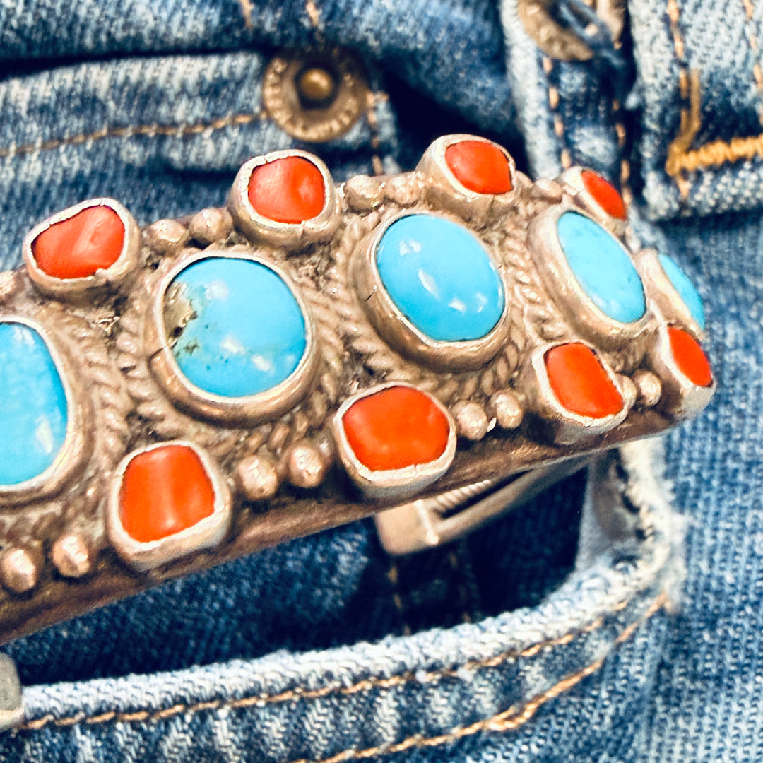 Navajo Sterling Silver Turquoise & Coral Cuff Bracelet