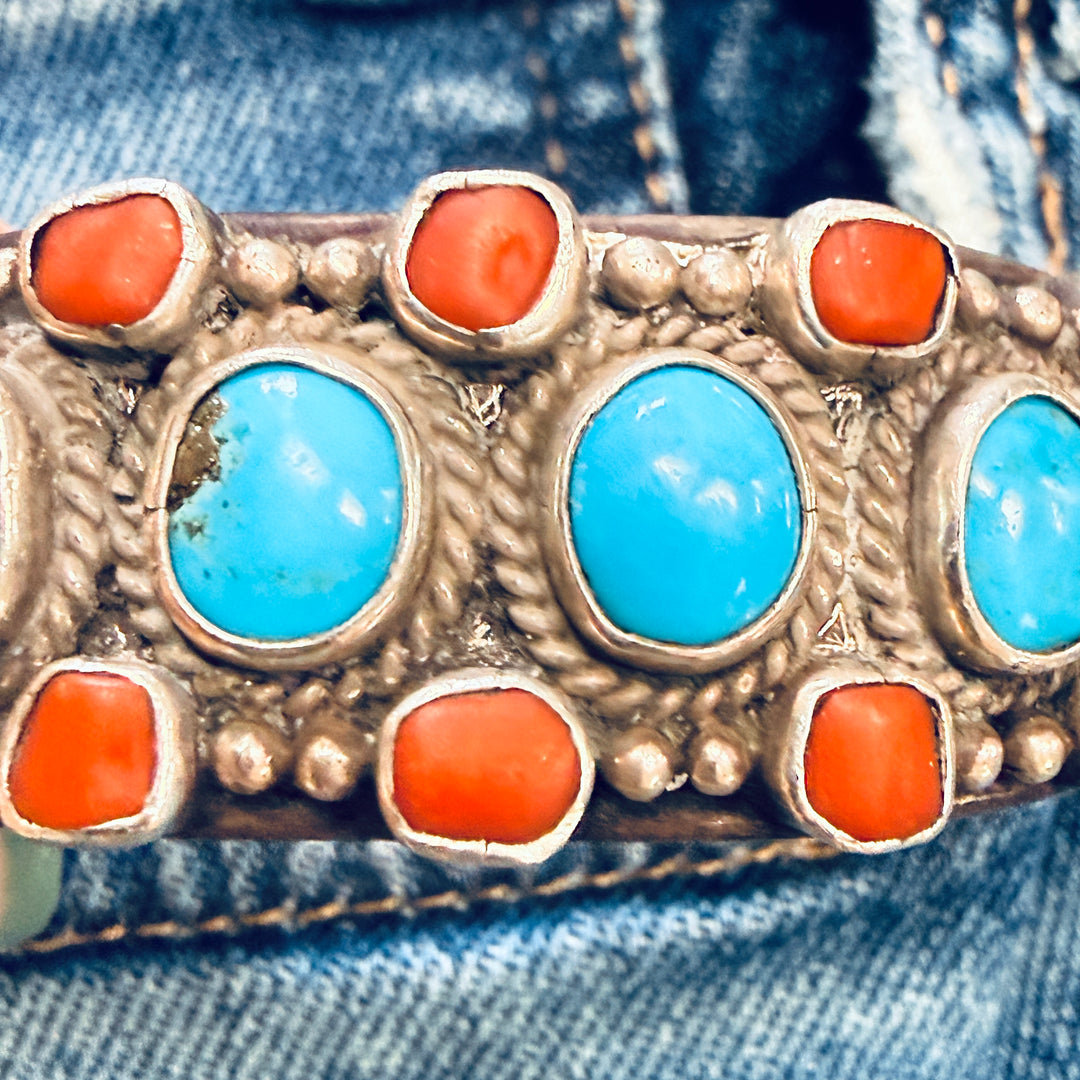 Navajo Sterling Silver Turquoise & Coral Cuff Bracelet