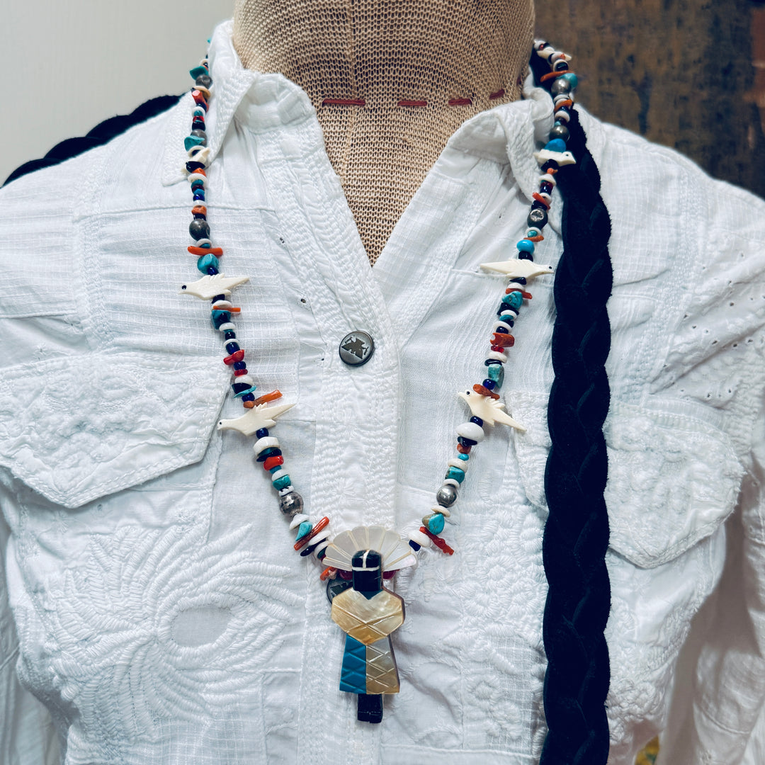 Native American Beaded Bird Kachina Necklace Turquoise