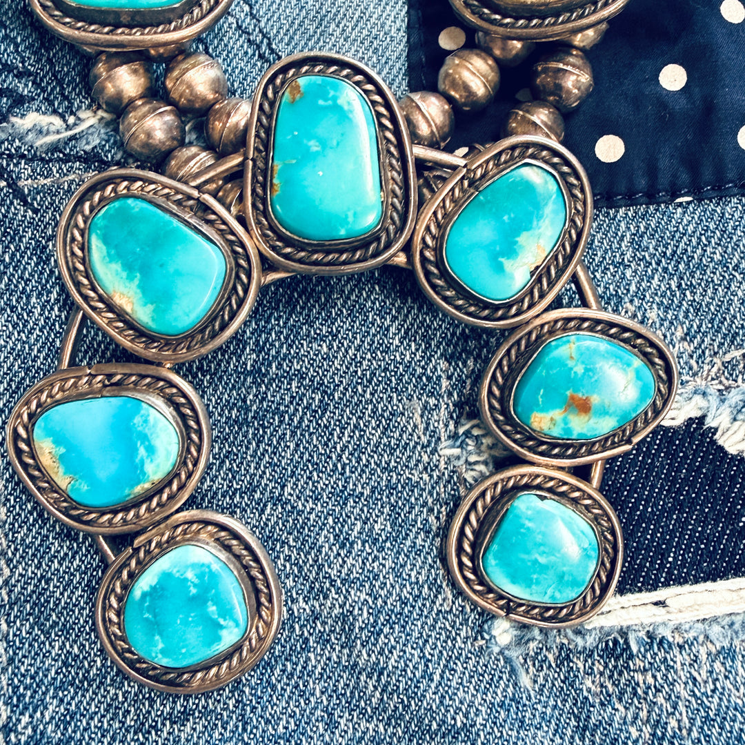 Vintage Navajo Sterling Silver Turquoise Squash Blossom Necklace