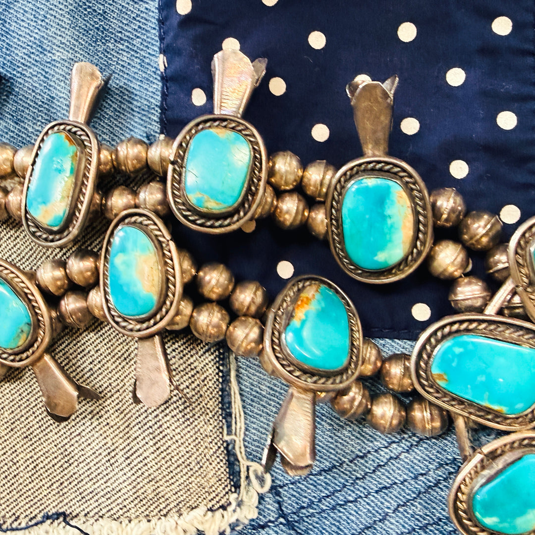 Vintage Navajo Sterling Silver Turquoise Squash Blossom Necklace