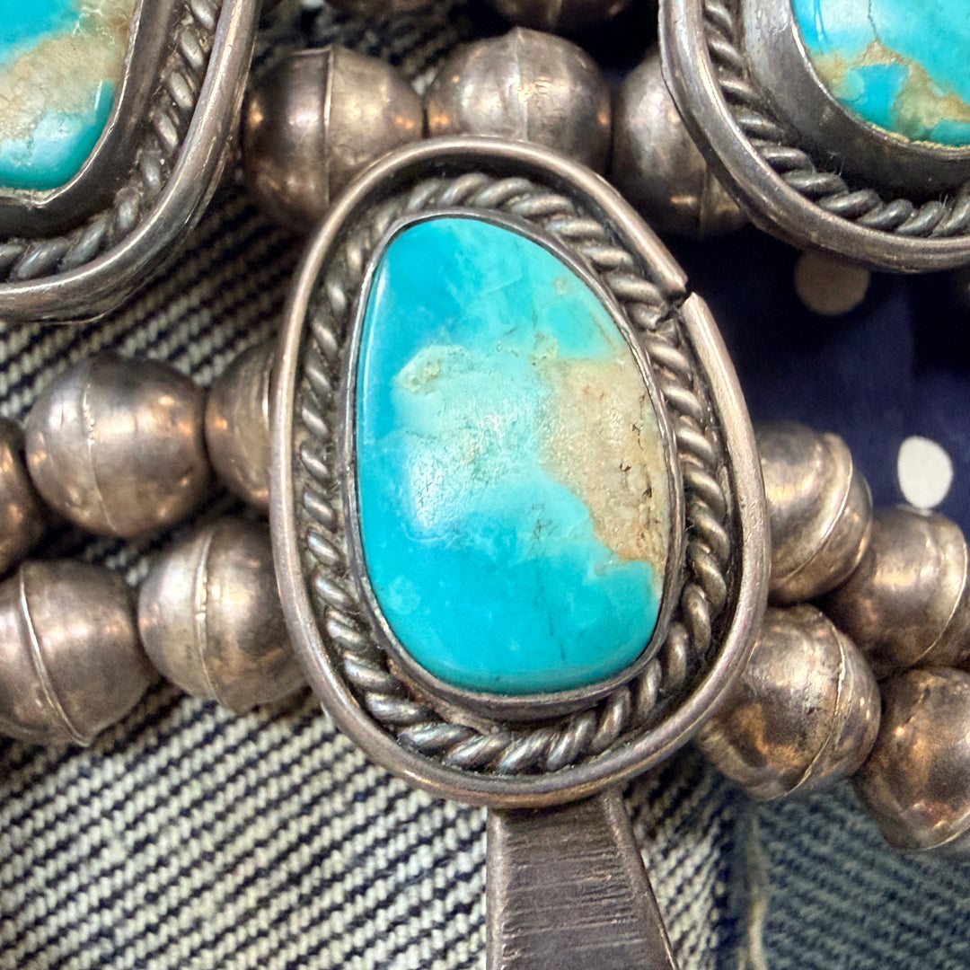 Vintage Navajo Sterling Silver Turquoise Squash Blossom Necklace