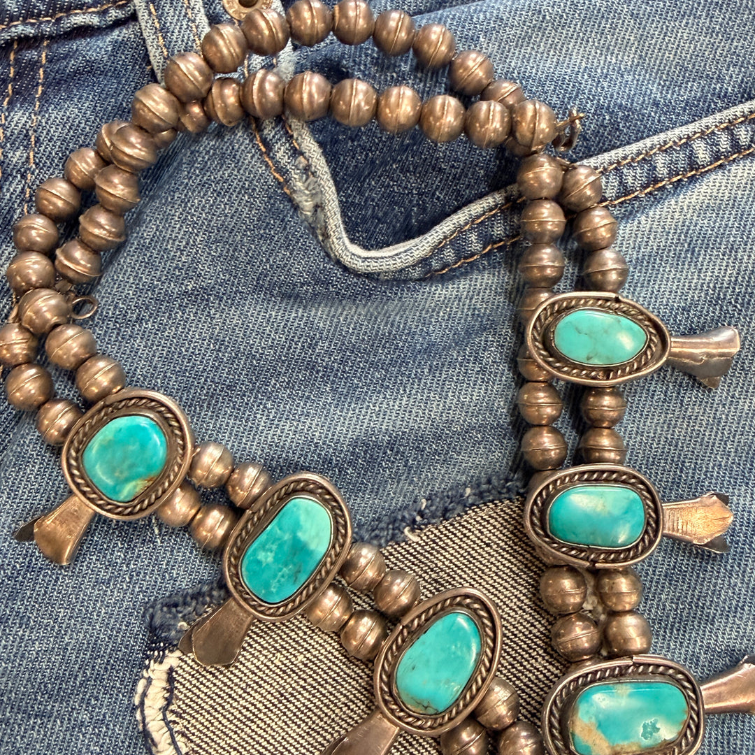 Vintage Navajo Sterling Silver Turquoise Squash Blossom Necklace