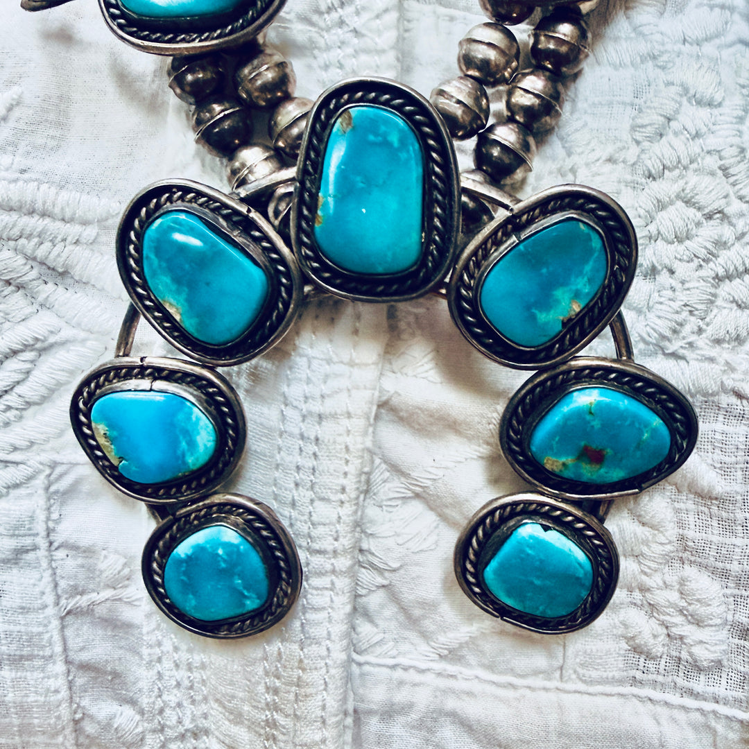 Vintage Navajo Sterling Silver Turquoise Squash Blossom Necklace