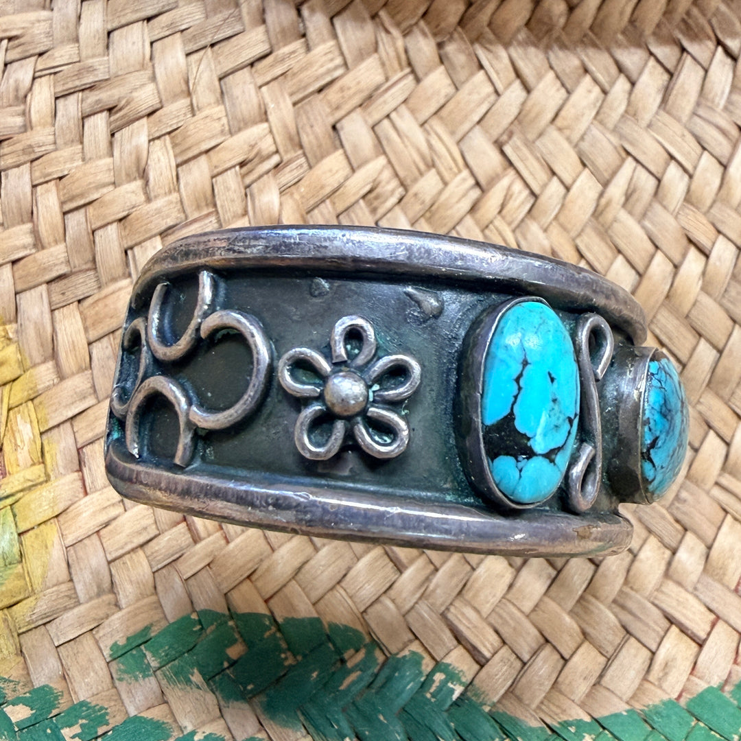 Vintage Navajo Sterling Silver & Turquoise Row Bracelet