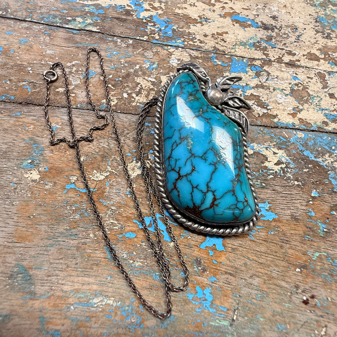 Vintage Navajo Sterling Silver & Huge Turquoise Pendant Chain Necklace
