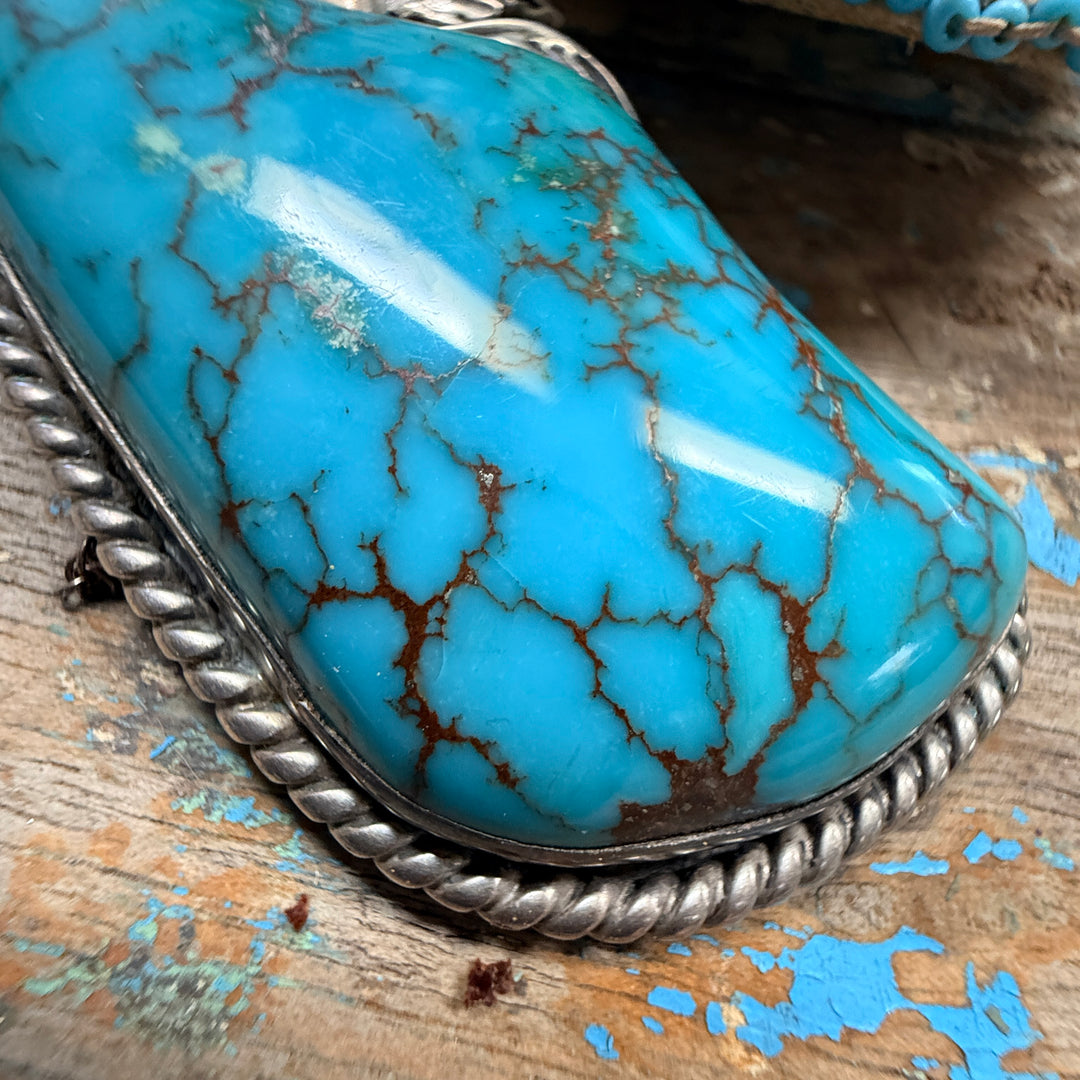 Vintage Navajo Sterling Silver & Huge Turquoise Pendant Chain Necklace