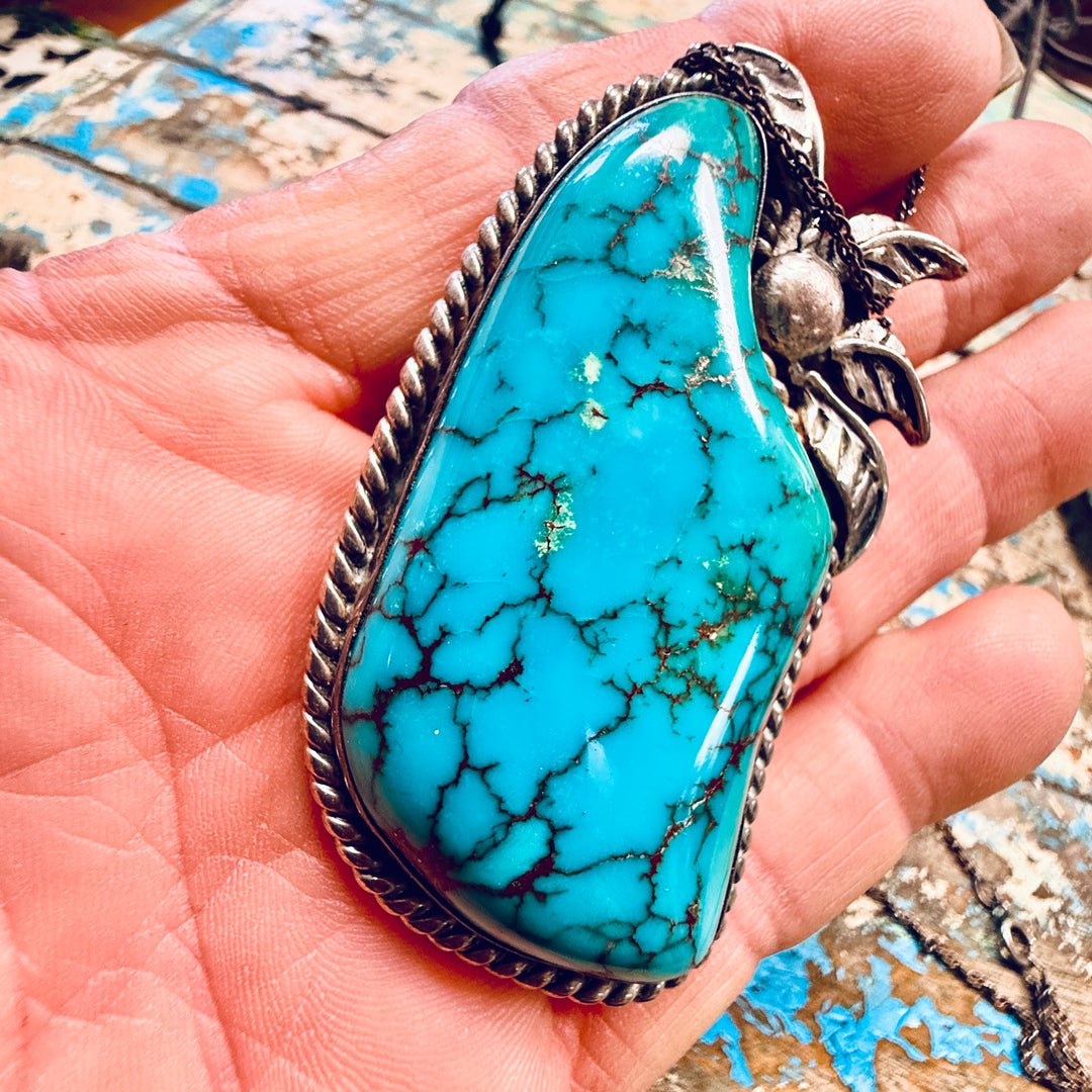 Vintage Navajo Sterling Silver & Huge Turquoise Pendant Chain Necklace